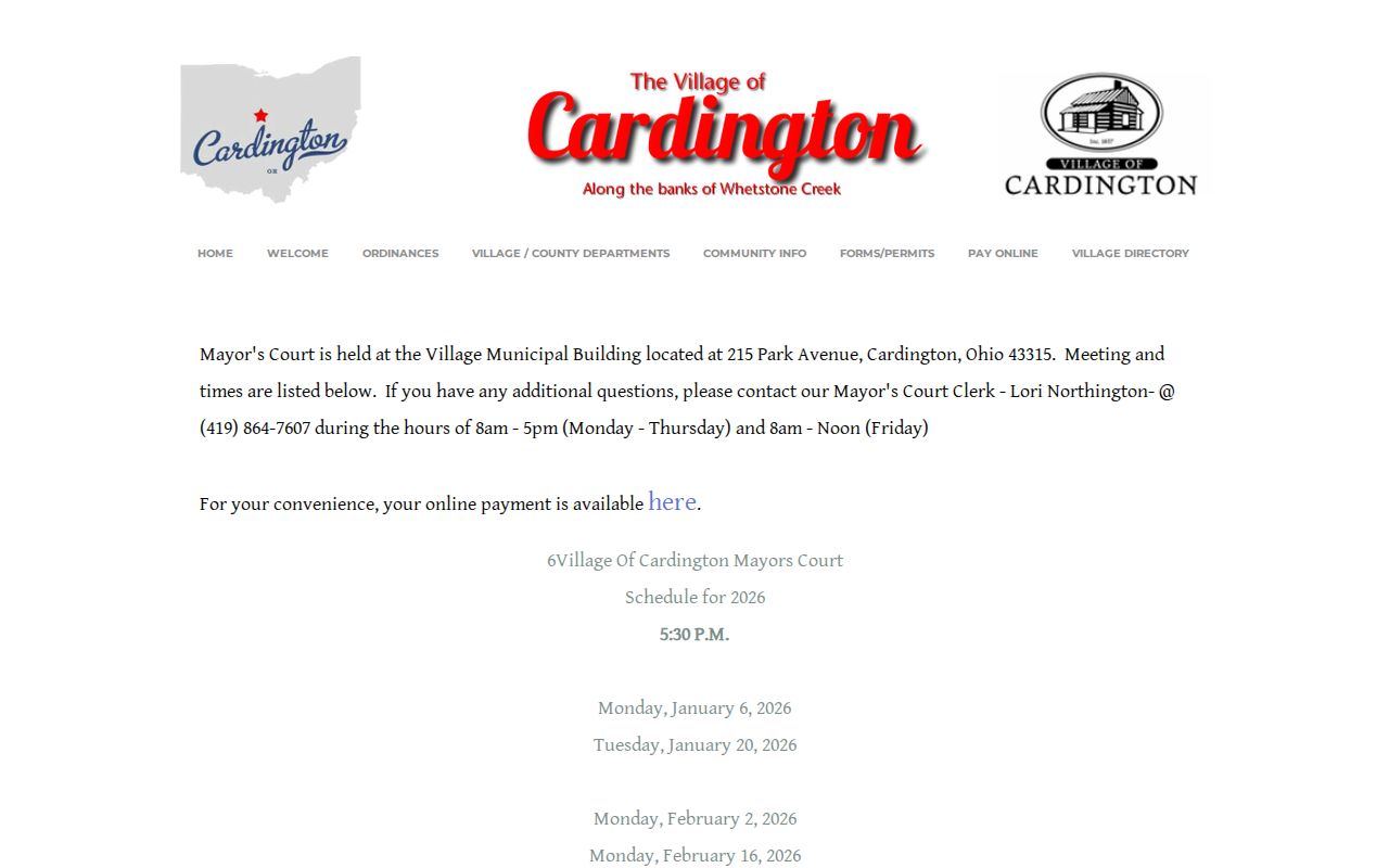 Cardington Mayor's Court calendar and clerk contact page