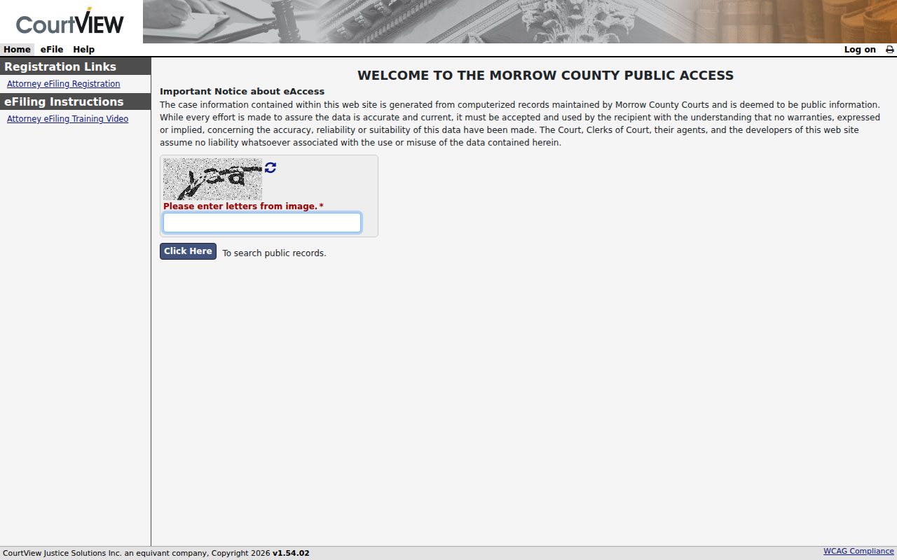 Morrow County case search CourtView Case Inquiry entry screen