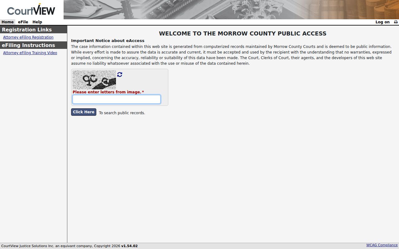Morrow County court calendar CourtView entry screen