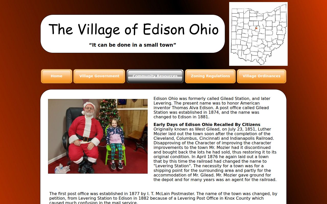 Edison Village community resources page with local history detail