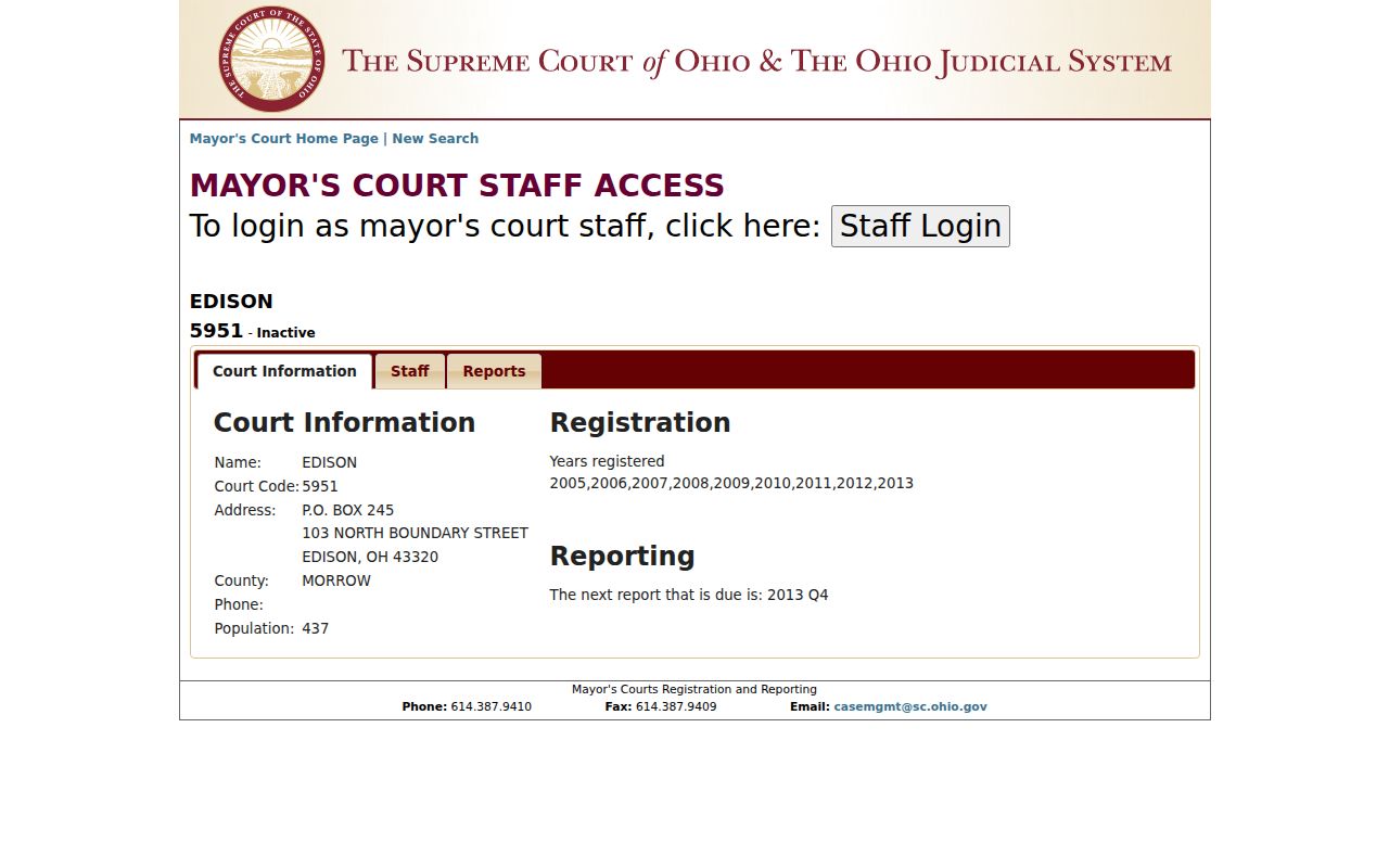 Ohio Supreme Court registry entry showing Edison Mayor's Court inactive