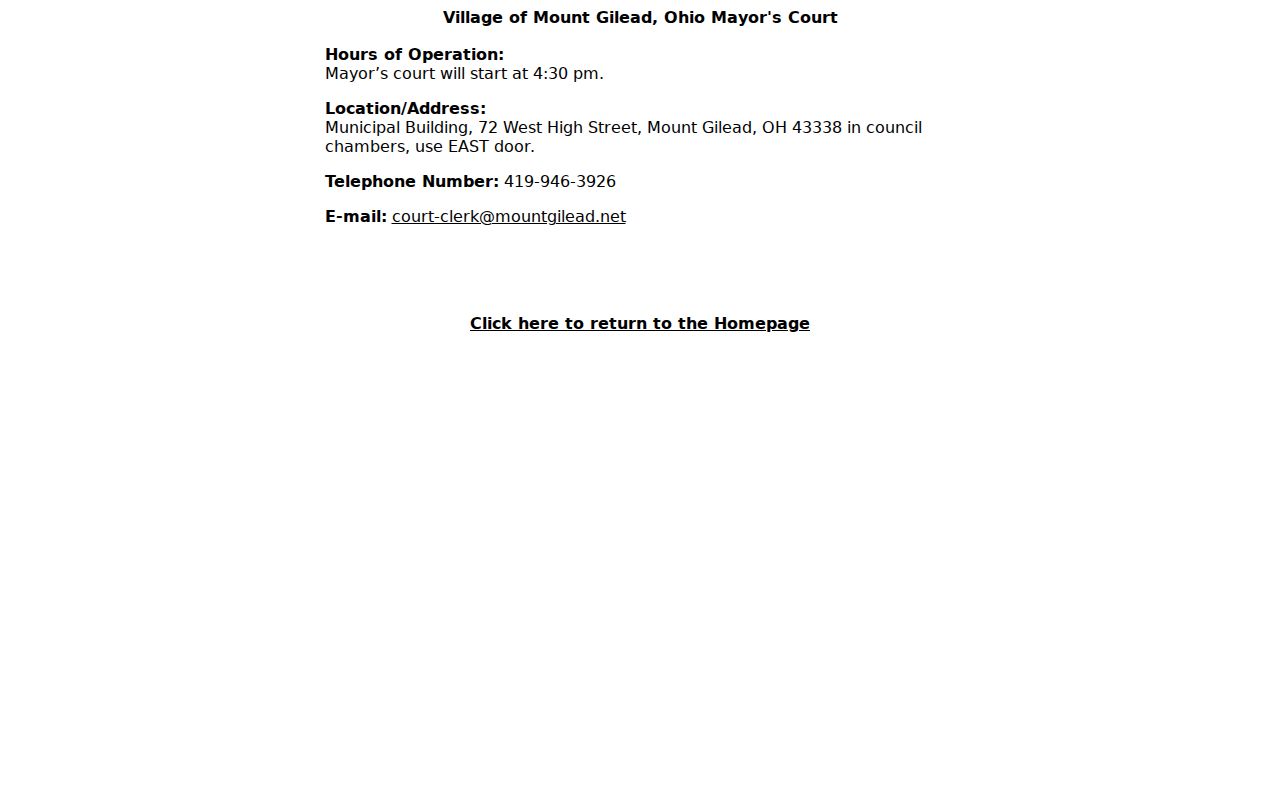 Mount Gilead Mayor's Court official schedule and contact page