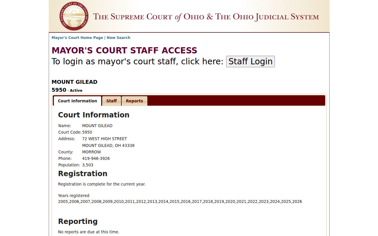 Ohio Supreme Court directory entry for Mount Gilead Mayor's Court