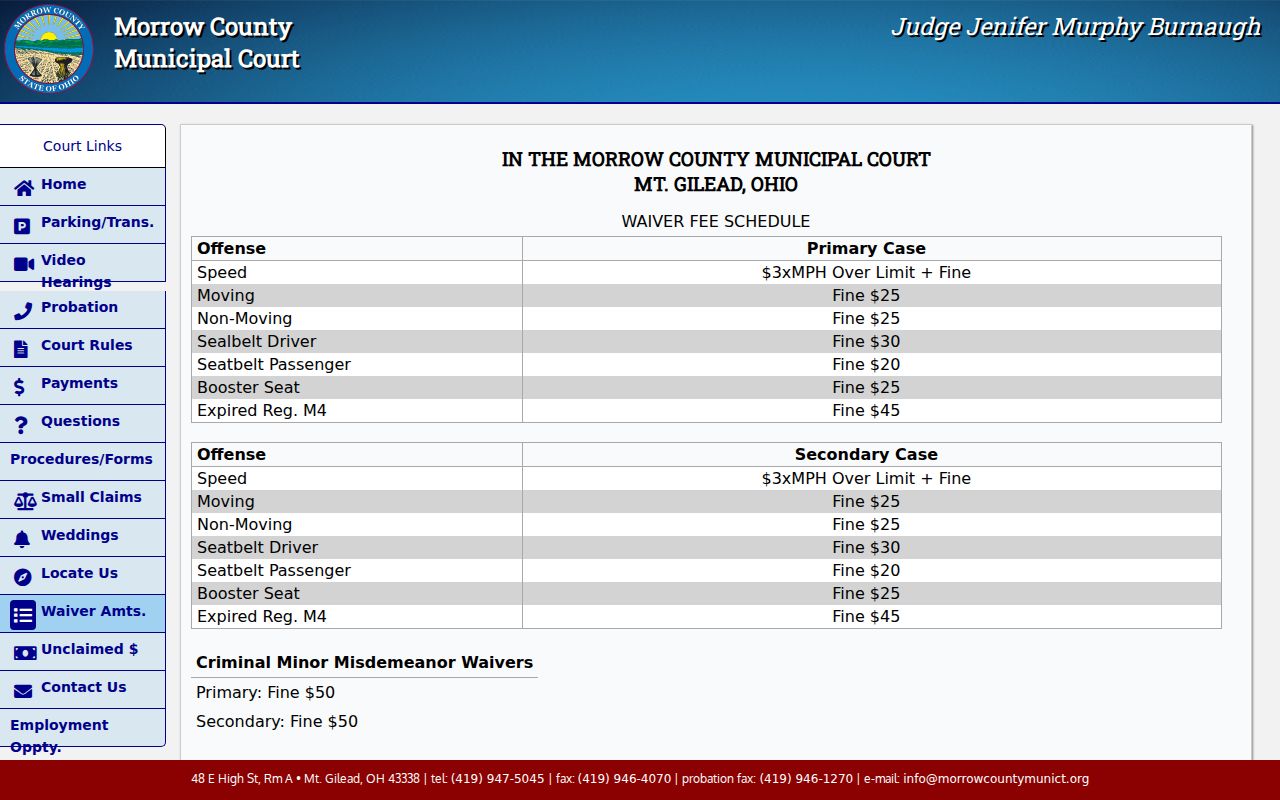 Morrow County traffic court records Municipal Court waiver fee schedule