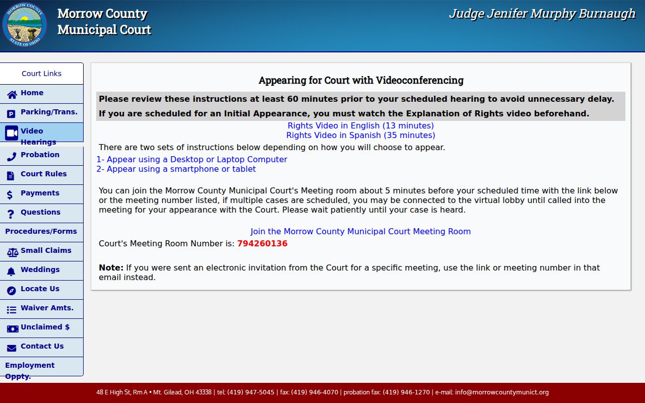 Morrow County traffic court records Municipal Court Webex hearing instructions